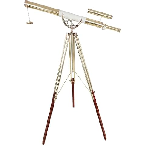 Double Barrel Shiny Brass Finish Vintage Floor Telescope Functional Spyglass with Brown Brass/Wooden Tripod White Leather Wrap | 39" Tube Length, 63" Height | Decor for Home & Office | Nautical Gift Cover