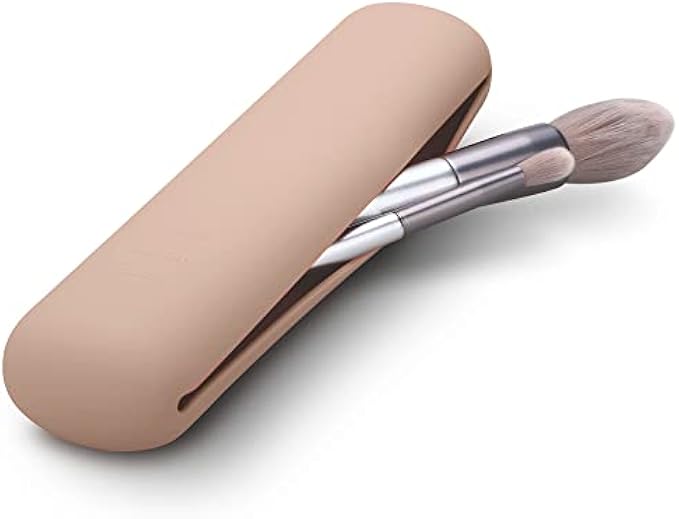 FERYES Travel Makeup Brush Holder, Magnetic Anti-fall Out Silicon Portable Cosmetic Face Brushes Holder, Soft and Sleek Makeup Tools Organizer for Travel-Khaki