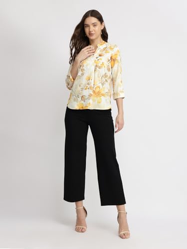 Image of FableStreet Women Shirt Work & Casual | Relaxed Fit Mandarin V-Neck Three-Quarter Sleeves Solid Pattern | Breathable Woven Fabric for Office & Everyday Wear