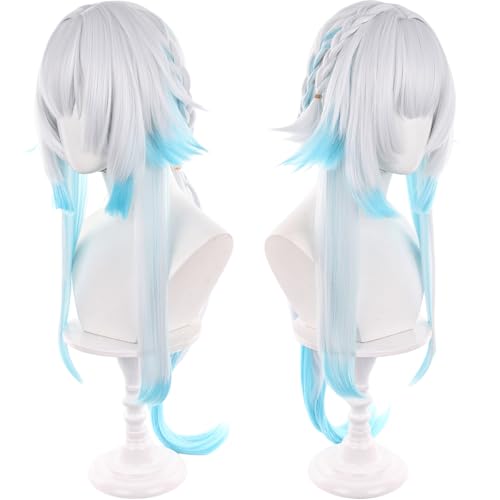 Image of Anime White Gradient Blue Wigs with Bangs Women Long Straight Wig with Braids and Ponytail Cery Adult COS Game Empress Wigs Halloween,Christmas,Comic con,Game Show,Party