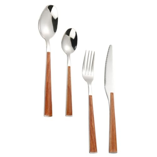 BRIGHTFUFU Juego de Cubiertos de Acero Inoxidable Mango de Madera, 4 Piezas para Comedor y Postres, Superficie Lisa y Segura para Familias
