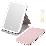 ALHAKIN Rechargeable Makeup Mirror for Travel, Portable Make Up Compact Tabletop Mirror, 3 Color Dimmable Lighted LED Vanity Mirror, Pink
