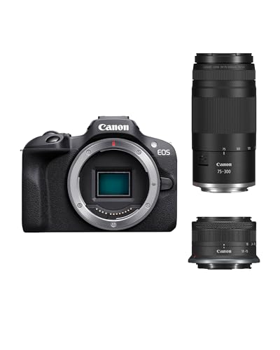 CANON EOS R100 Cámara Mirrorless + Objetivo RF S 18 45 mm + RF 75 300mm Kit Doble Zoom, Cámara Evil APS C (24,1 MP)  4 EV, Vídeo 4K 25 fps, Dual Pixel CMOS AF, Wi Fi y Bluetooth, Negro