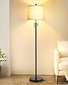 JUNNAI Floor Lamps for Living Room, Black Floor Lamp Adjustable Height Standing Lamp, Dimmable Modern Tall Floor Lamp for Bedroom Office with Beige Linen Shade, 8W 3000K Bulb Included