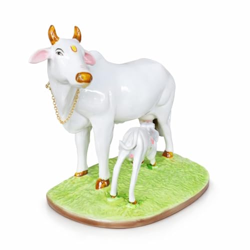 Image of Sai Amrut Handicraft Decorative Polystone Cow and Calf Big Statue /Idol for Gift Home Decor 7 inch (Marble Cow), White