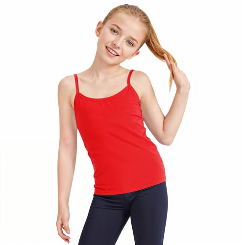 The Fancy Dress® Kids Girls Plain Red Cami Vest Cotton Rich Stretchy Training Dance Racer Back Tank Tops for Children Summer Outfit Age Red, 5-6 Years
