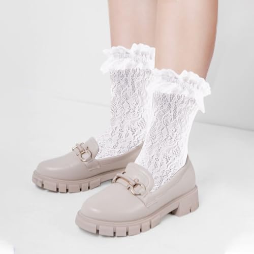 Image of 4 Pairs Womens Lace Ruffle Frilly Socks,Sexy Mesh Lace Trim Socks Lolita Socks,Cute Dress Socks Ankle High Socks for Women