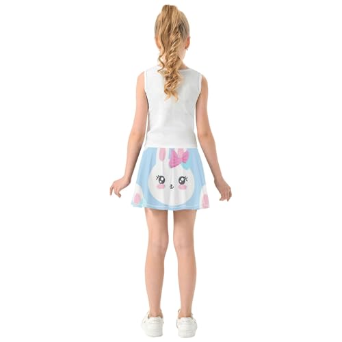 Joisal Cute White Bunny Pink Blue Bows Girls' Shorts Athletic Skorts Tennis Skirts for Kids Summer Pleated Skort 3t4