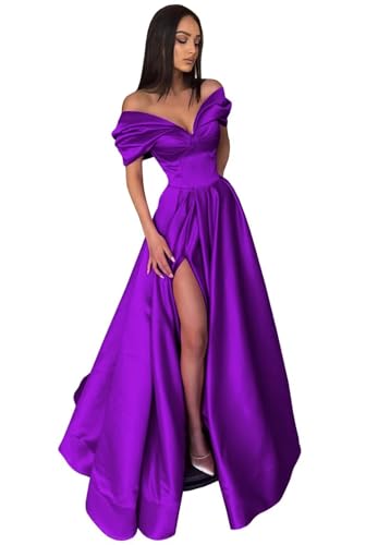 Image of Pleated Off The Shoulder Satin Prom Dresses for Women, Formal Evening Gowns Cocktail Party Dresses with Slit&Pockets
