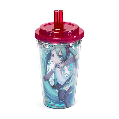 Image of Puckator Shatterproof Hatsune Miku Double Walled Cup & Straw - Insulated Tumbler - Cups with Lids and Straws for Adults Children - Travel Thermal Cup with Straw - Water Bottles with Staw
