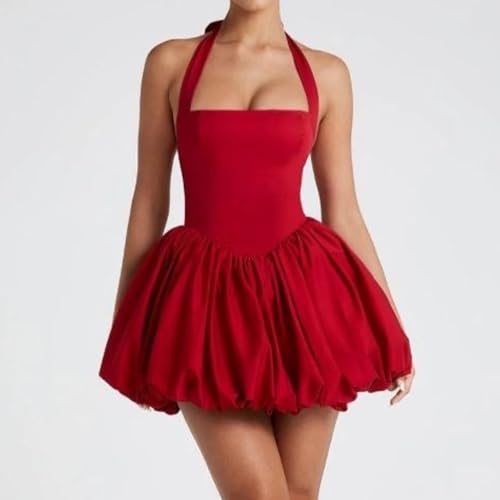 Image of Women's Y2K Sexy Halter Corset Mini Dress Backless Corset Bubble Ruched Waist Club Party Dresses