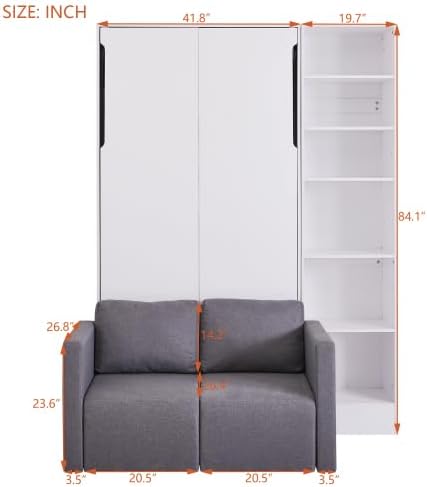 Bellemave Twin Size Murphy Bed with Sofa, Wall Bed with Shelves for Bedroom, Apartment, Home Office, White