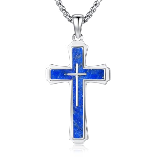 Cross Necklace for Men 925 Sterling Silver Abalone Shell/Opal/Malachite/Turquoise/Lapis Lazuli/Obsidian/Tiger Eye Stone/Red Coral/Black Tourmaline/Celtic/Ankh Cross Pendant Religious Jewelry Gift