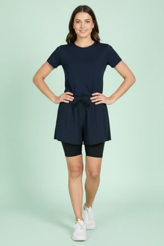 Image of Women's 2-in-1 Athletic Shorts with Inner Tights Layer, Drawstring Waist, for Running, Gym & Sports, Plus Size S to 6XL