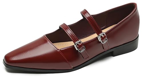 Niction Women's Mary Jane Flats Retro Square Toe Pu Leather Double Strap Soft Work Slip on Ballet Flat Womens Dress Shoes for Work Walking Driving