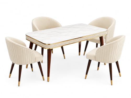 Image of WOODEN SPACE Majestic 4 Seater Wooden Dining Table Set | Urban Marble Top Dining Table with Chairs for Dining Room & Kitchen (Majestic Classic Backline Beige) (54 x 36 x 30 inch)