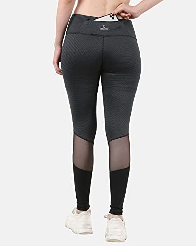 Image of The Dance Bible Women High Waist Solid Charcoal Grey Mesh Net Design Gym Leggings Tights with Back Zip Pocket (Small, Waist: 27-28 inches)