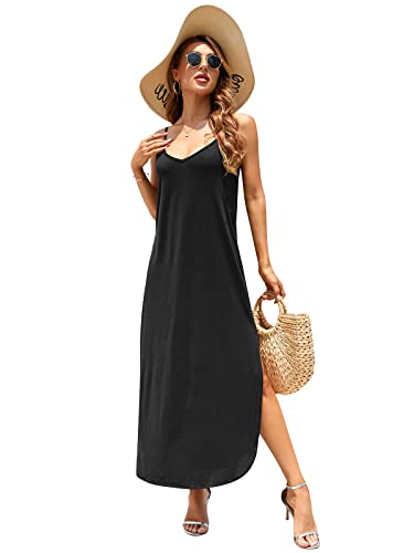 HUSKARY Women's Summer Casual Sleeveless V Neck Strappy Split Loose Dress Beach Cover Up Long Cami Maxi Dresses with Pocket