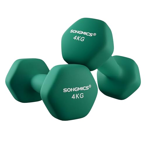 SONGMICS Set di 2 Manubri, 2 x 4 kg, Manubri Esagonale con Superficie in Vinile, per Fitness, Esercizio, Addestramento, per Palestro in Casa, Verde Giungla SYL68GN