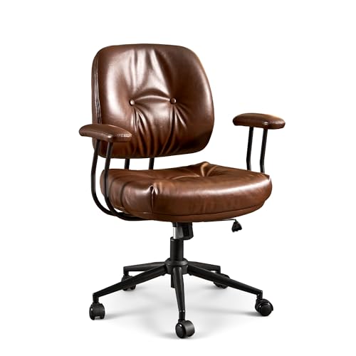 Image of ovios Ergonomic Office Chair, Mid Back Faux Leather Executive Chairs with Thick Cushion, Comfy Mid-Century Modern Swivel Rolling Computer Armchair (Dark Brown, PU Leather)