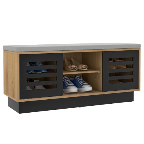 GOPLUS Banco Zapatero Versátil, Banco Zapatero Madera con Cojín, 6 Compartimentos y 2 Puertas Correderas, Estantes Ajustables en 3 Niveles, Diseño de Listones para Entrada Recibidor (Café)