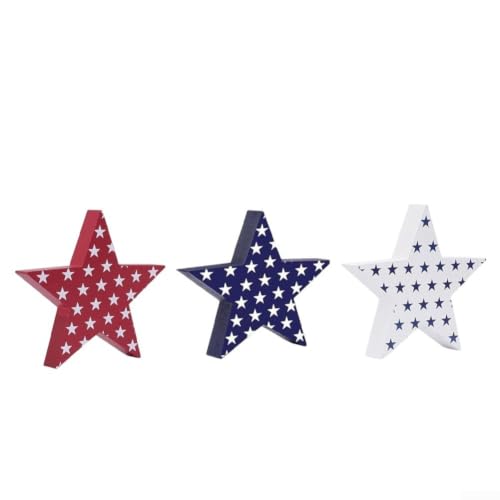 3 bloques de estrellas de madera, decoración patriótica para el Día de los Caídos del Día de la Independencia, centro de mesa rústico, rojo, blanco, azul, 13 cm
