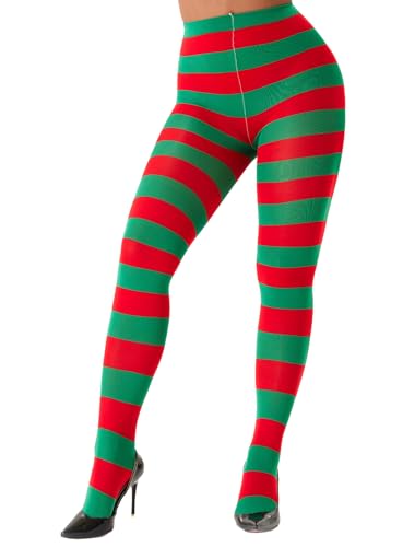 Image of Mrotrida Women's Christmas Striped Tights High Waist Pantyhose Cosplay Stocking Elastic Slim Legging