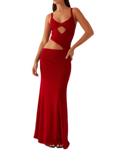 Image of NUFIWI Women Sexy Cutout Long Dress Spaghetti Strap Ruched Bodycon Maxi Dress Backless Hollow Cocktail Dresses