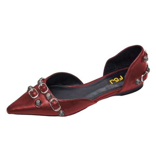 FSJ Women Closed Pointed Toe D'Orsay Rivet Slip On Dress Flats Shoes Comfortable Studded Faux Leather Solid Color Fashion Shoes Size 4-16 US