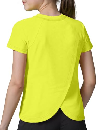Spring&Gege Girls UPF 50+ Quick Dry Short Sleeve T Shirts Split Back Crop Athletic Workout Neon Tops