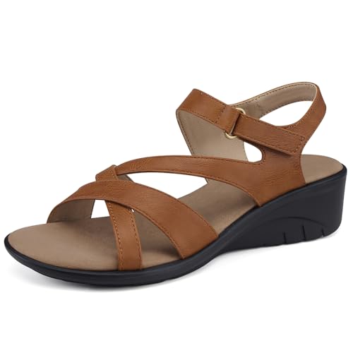 Image of SHIBEVER Wedge Sandals for Women Dressy: Comfortable Low Heel Sandals Brown | Adjustable Casual Dress Shoes with Cushioned Insole and Non-Slip Sole, All-Day Walking Size 7