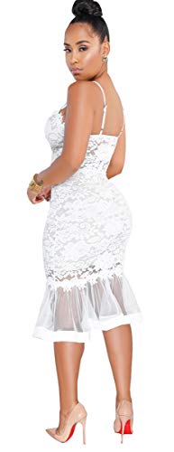 Womens Sexy Sleeveless Deep V Neck Lace Mesh Paneled Ruffles Bodycon Party Clubwear Dress White #TOP1
