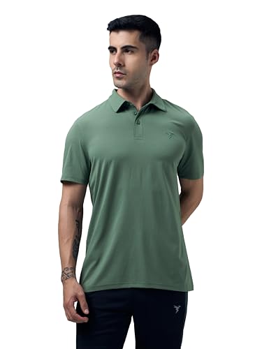 Image of TECHNOSPORT Men's Solid Slim Fit Polo Collar T-Shirt COTFLEX Half Sleeve Button Polyester for Gym Running Workout UPF50+ Anti Odour