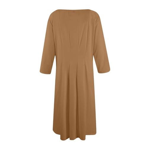 Women's Casual Midi Solid Color Dress A Line 3/4 Sleeve Tunic Dresses Pleated Crew Neck Fashion Loose Fit Wrap Dress