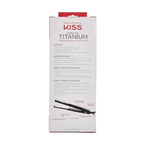 KISS Nano Titanium Professional Flat Iron Hair Straightener & Styling Tool, 0.5" Non-Stick Chemical Resistant Titanium Plates, Variable Temperature Control, Ergonomic Design, Up to 450°F, 0.86 Pounds