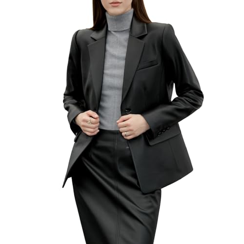 SILVER FASHIONS Lambskin Leather Jacket Women,Long Sleeve Button Front Leather Blazer,Notched Lapel Casual Style,Vent Detail