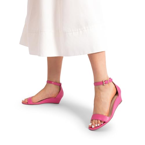 DREAM PAIRS DREAM PAIRS Women's Ankle Strap Low Wedge Sandals Party Bridal Wedding Dress Shoes,Size 11,Hot Pink-Pu,INGRID