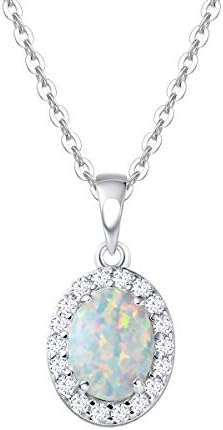 FANCIME 925 Sterling Silver Oval Necklace White Created Opal Pendant Delicate Cubic Zirconia Jewelry for Women Girls