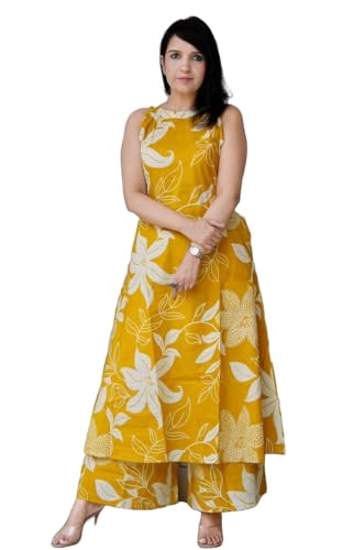Image of Klosia Women Pure Cotton Kurta Palazzo Set | Sleeveless Printed Kurta with Palazzo Pants | Summer Friendly, Office Wear Co-Ord Sets