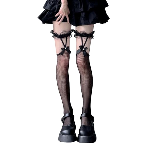 Image of Thigh High Stockings with Bow, Santa Accessory Y2K Fishnet Socks with Lace Brim Lingerie Tights for Women