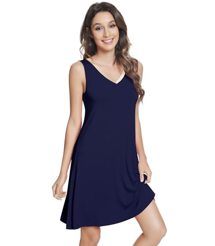 Image of NACHILA Nightgowns for Women-Viscose Made from Bamboo V Neck Nightshirts | Sleeveless Sleep Dress,Satin Sleepshirts,Anti-pilling nightshirt,Moisture-wicking Sleepwear for night sweats,Cooling,OEKOTAX