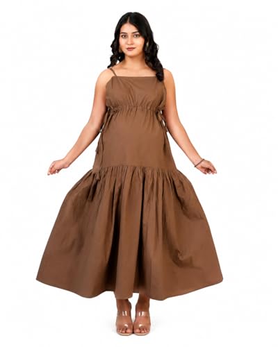 Image of Brown Strappy Maxi Dress, Tiered Flared Silhouette, Square Neck, Drawstring Waist