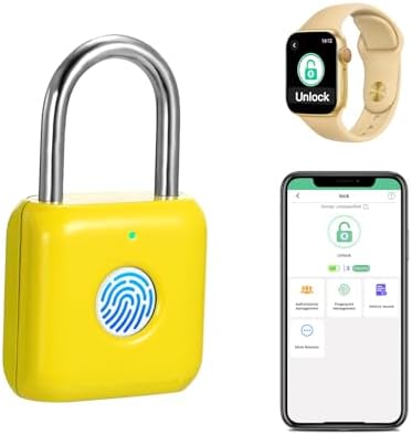 Fingerprint Padlock eLinkSmart Gym Locker Lock with Phone App iOS Watch Metal Keyless Combination Locks for School Sports Locker Hasp Storage Backpack Suitcase Yellow
