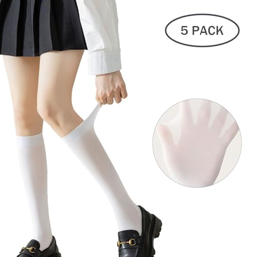 5 Pack Girls Knee High Socks Kids School Uniform Sheer Stockings Dress Long Socks for 7-18 Years Girls2