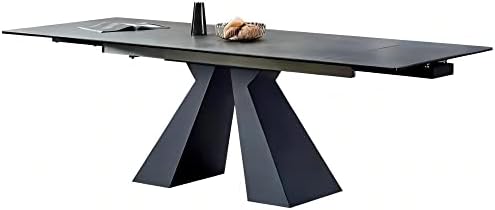 Expandable dining table for 6-10 seat, modern style, Live edge design,retractable,tabletop made from rock plate and tempered glass, solid carbon steel base, 35.4"D x 63"(+31.5 ")W x 30"H, dark grey