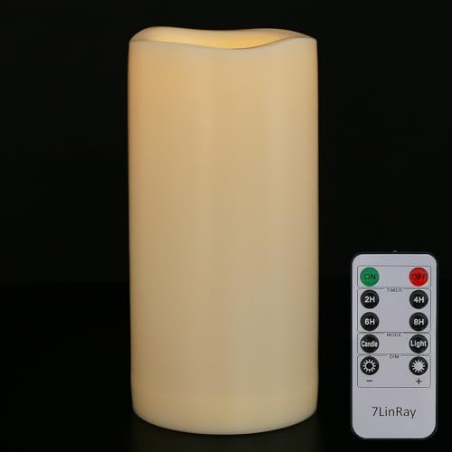 7LinRay 4" x 8" Waterproof Outdoor Flameless Candles with Remote and Timer, Battery Operated LED Flickering Plastic Pillar Candles for Lantern, Wedding, Porch, Ivory, Pack of 1