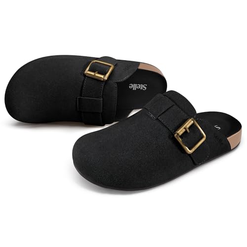 Stelle Clogs for Women Men Soft Suede Mules Cork Footbed Arch Support Leather Potato Shoes Adjustable Buckle Non-Slip