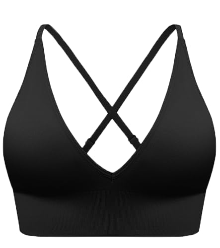 PRETTYWELL Women’s Deep V Neck Bras for Women Push up Bralettes Seamless Sexy Sports Bra Wireless Spaghetti Strap Padded Bra Black