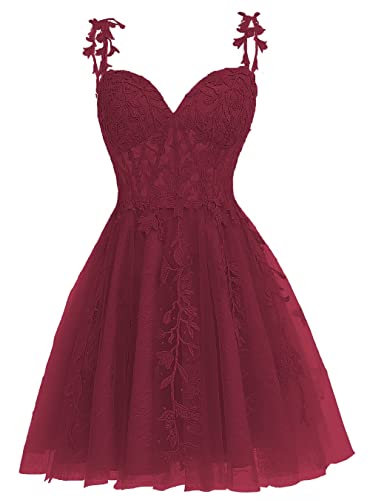HUINI Kurzes Spitzen-Abschlussballkleid Spaghetti-Träger A-Linie Ballkleider Tüll Cocktail Party Kleid Weinrot 36