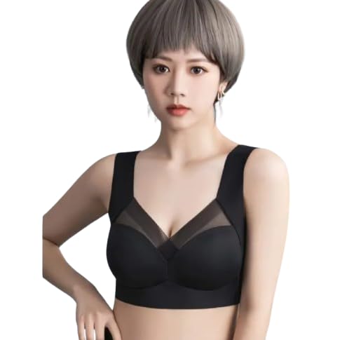 Women's Seamless Sports Bra, Black Mesh Panel Design, Wide Shoulder Straps, Wireless Comfort Bralette for Yoga, Workout (in, Alpha, M, 34, Regular, Standard, Black)-picture-53